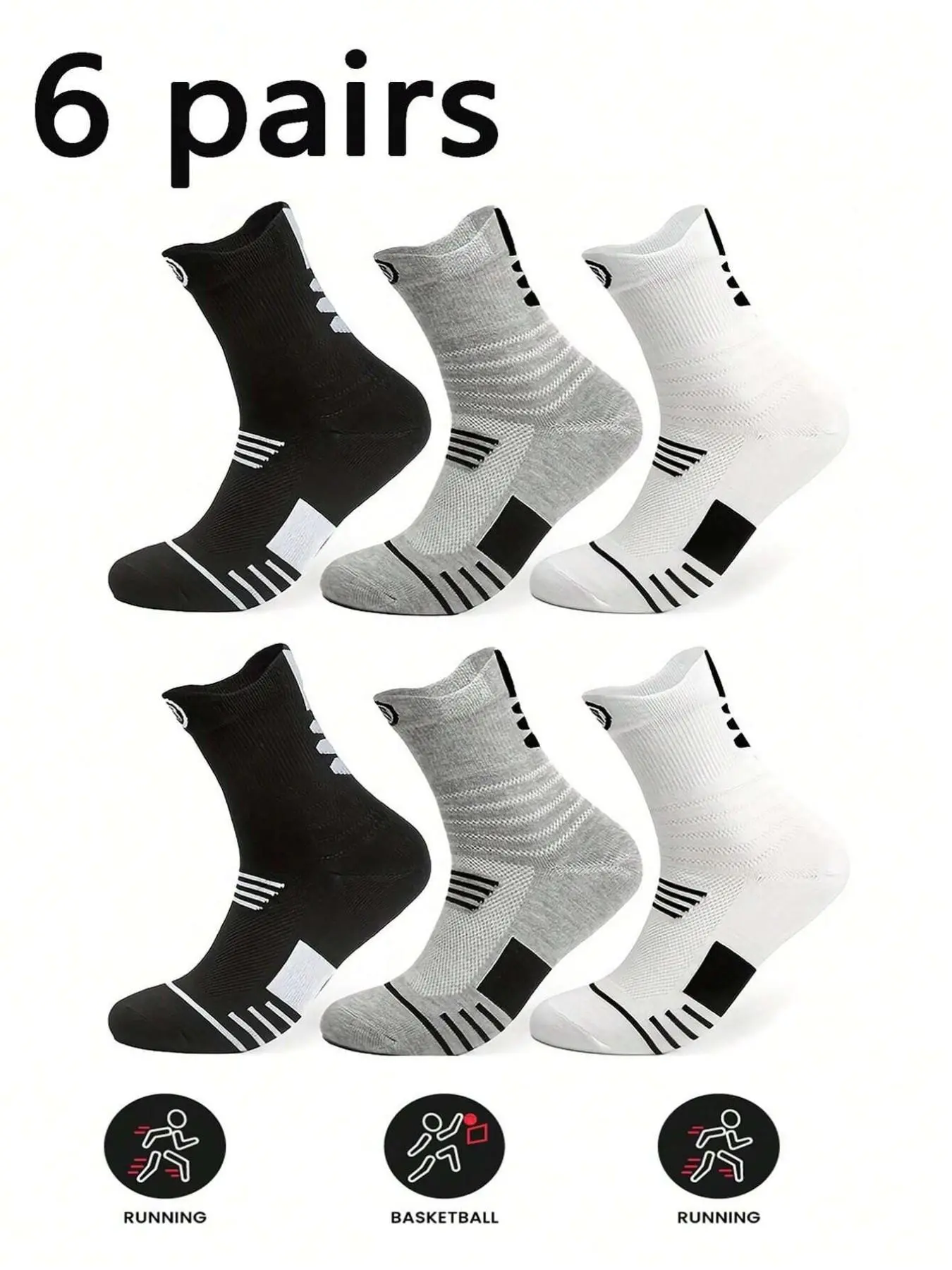 6 Pairs Mixed Color Professional Basketball Socks, Men's Towel Bottom Socks, Breathable Sweat-Wicking, All-Season High Top Sports Socks