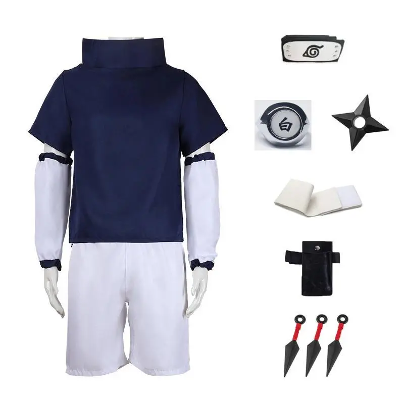 Adult Halloween Party Sasuke Cosplay Costume Anime Uchiha Costume Akatsuki Ninja Uniform Set Top Shorts Sleeve Covers Wig