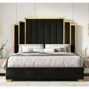 [Summergarden][Fathersdaygift] AMERLIFE Bed Frame with 65" Headboard, Upholstered Platform Bed with Golden Plating Trim, Modern Luxury Bed Frame, No Box Spring Needed/No Mattress/Queen/King//Unique Bedroom Furniture/Best Gift Ideas/Christmas Gifts