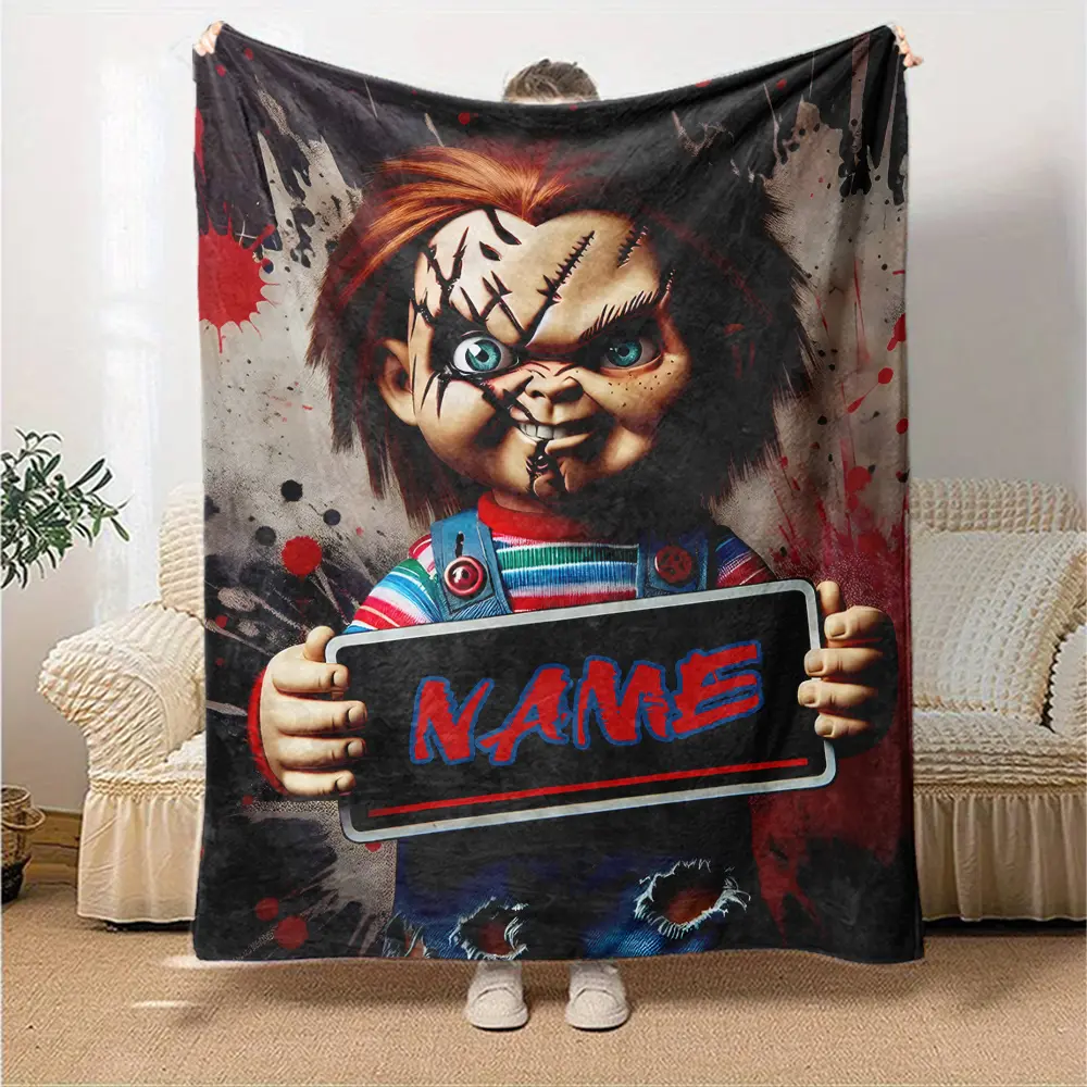 Retro All Season Soft Fleece Throw Blanket, Custom Name Chucky Child’s Play Blood Splatter Horror Print Sofa Bed Nap Travel Camping Blanket, Dark Slasher Movie Decor Fluffy Blanket, Personalized Spooky Warm Gift Blanket For Classic Horror Film Fans