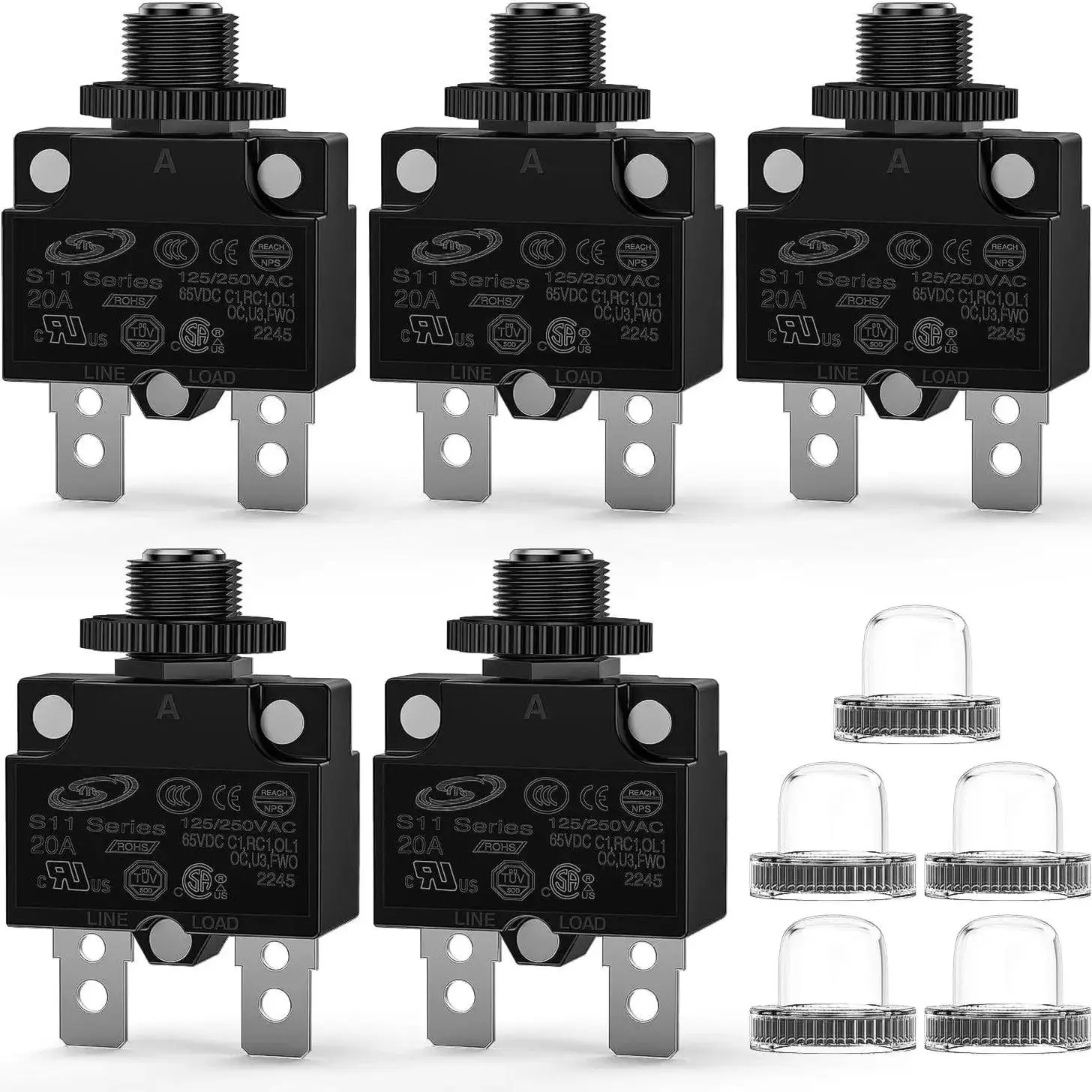 Nilight 5Pcs 20Amp Circuit Breakers, Electrical Terminal Breakers for Household Appliances, Medical Equipment, Power Strips, Marine, Transportation Use