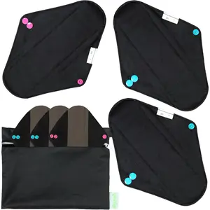 Charcoal Reusable Menstrual Pads - Reusable Sanitary Pads | Reusable Panty Liners | Soft Cloth Menstrual - 6 Pack with 1 Cloth Mini Wet Bag (Medium, Black)