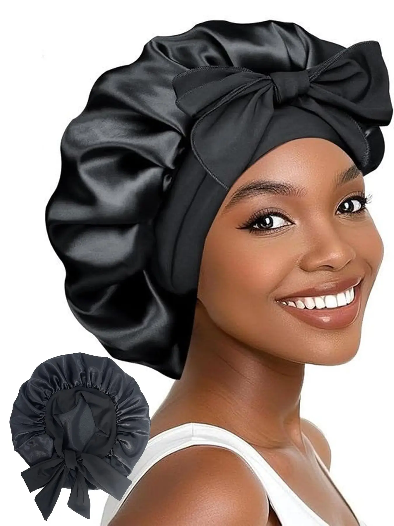 Satin Sleep Bonnet For Women, Adjustable Bow Hair Bonnet With Soft Ruffle, Silk Hair Protection Cap, Anti Frizz Night Cap For Curly, Natural & Textured Hair, Comfortable Sleeping Head Cover