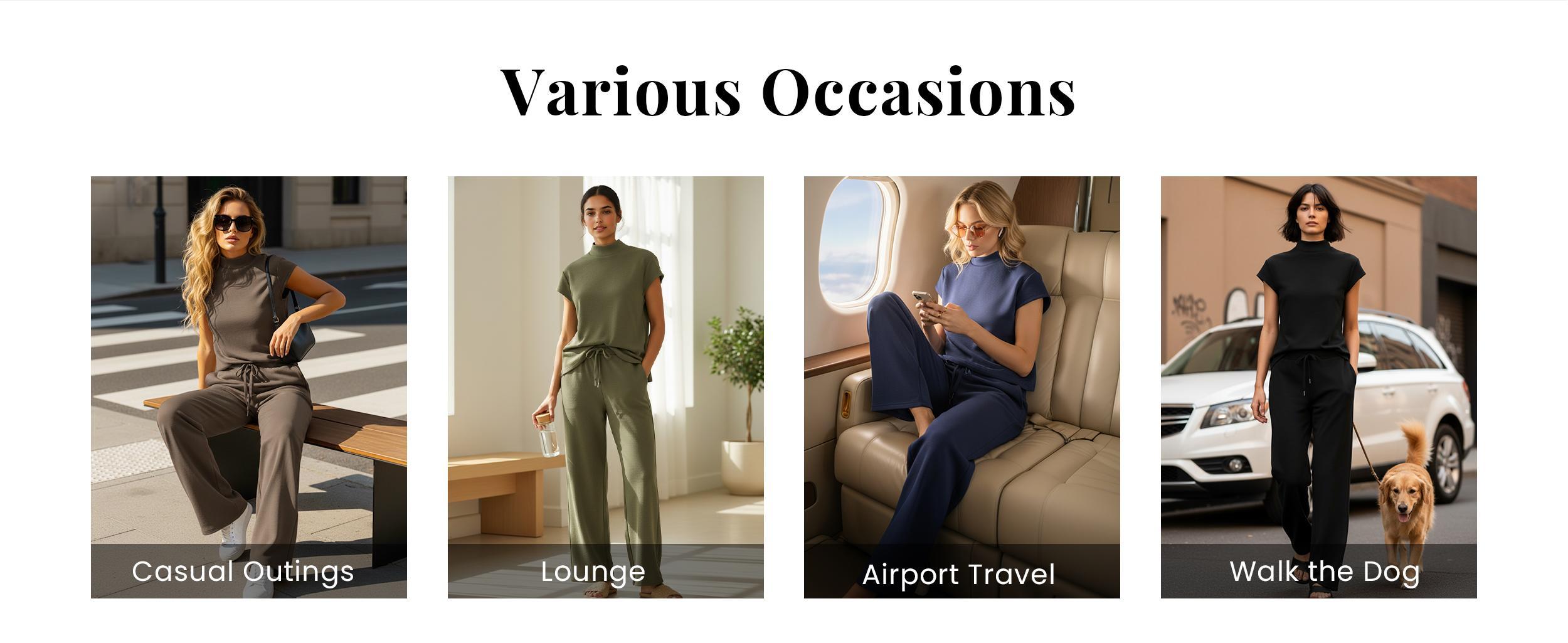 Casly Lamiit Two Piece Sets for Women 2026 Summer Travel Outfits Mock Neck Cap Sleeve Tops Lounge Set Wide Leg Pants