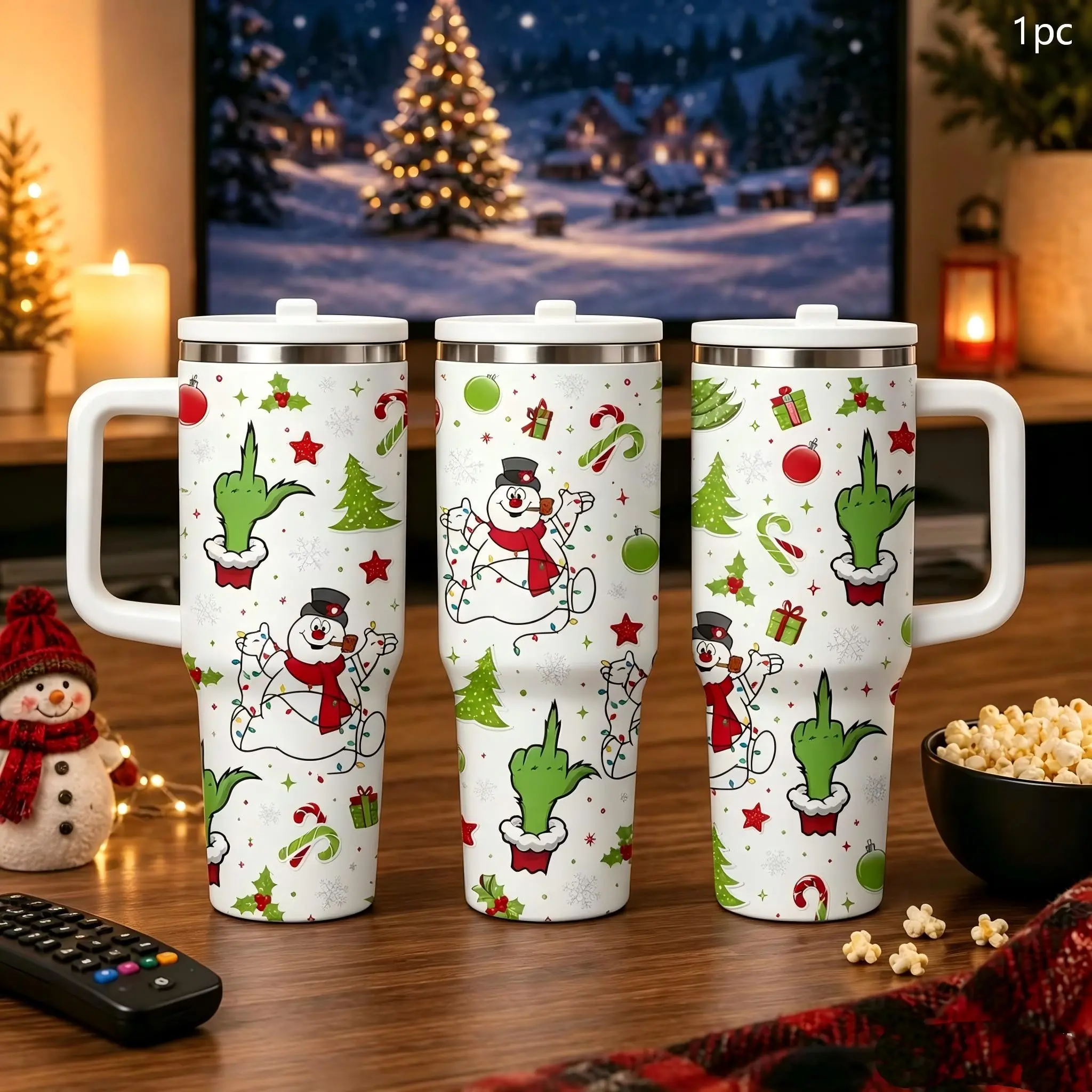 1PC 40oz Funny Christmas Green Hand Snowman Pattern Insulated Tumbler with Handle & Leak-Proof Lid, Double Wall Vacuum Travel Mug, Hot 12H Cold 24H, Large Capacity Cup for Men Women, Christmas Holiday Gag Gift