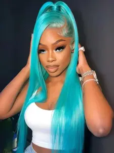Mint Green Wigs for Women, Long Natural Straight Synthetic Wigs, Transparent Lace, Gorgeous Fluffy Wigs without Bangs, Heat-Resistant Fiber, Breathable Net Cap, Comfortable, Daily Wear, Party, Halloween, Cosplay, Artificial Wig
