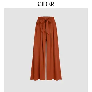 Cider [3 colors, size 2-26] Linen-blend High Rise Bowknot Shirred Wide Leg Trousers