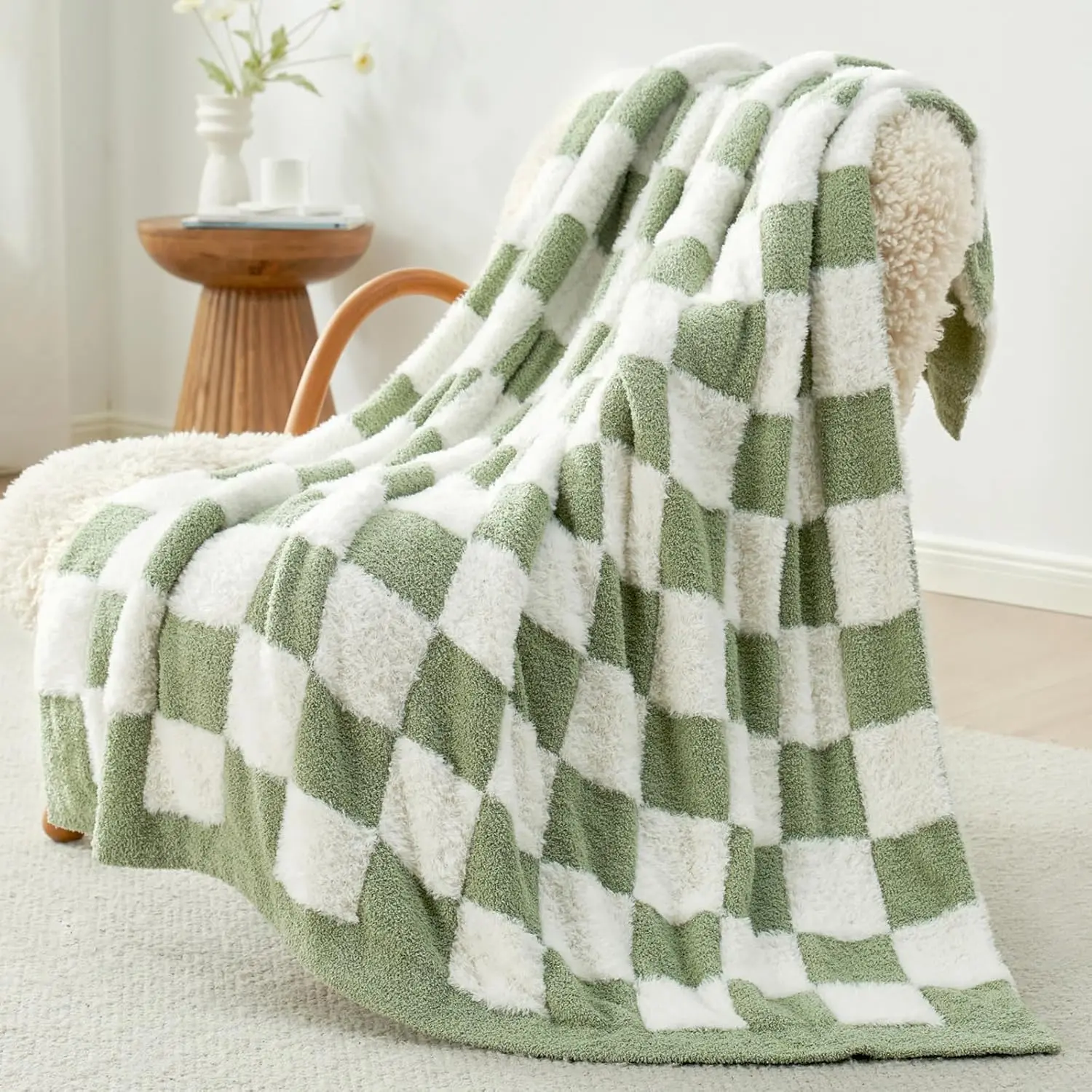 Sac Sage Green Checkered Throw Blanket Faux Fur Knitted with Microfiber Yarn, Cozy Soft Warm for Couch,Sofa,Bedroom,Sage Green Checker,50x60 inches