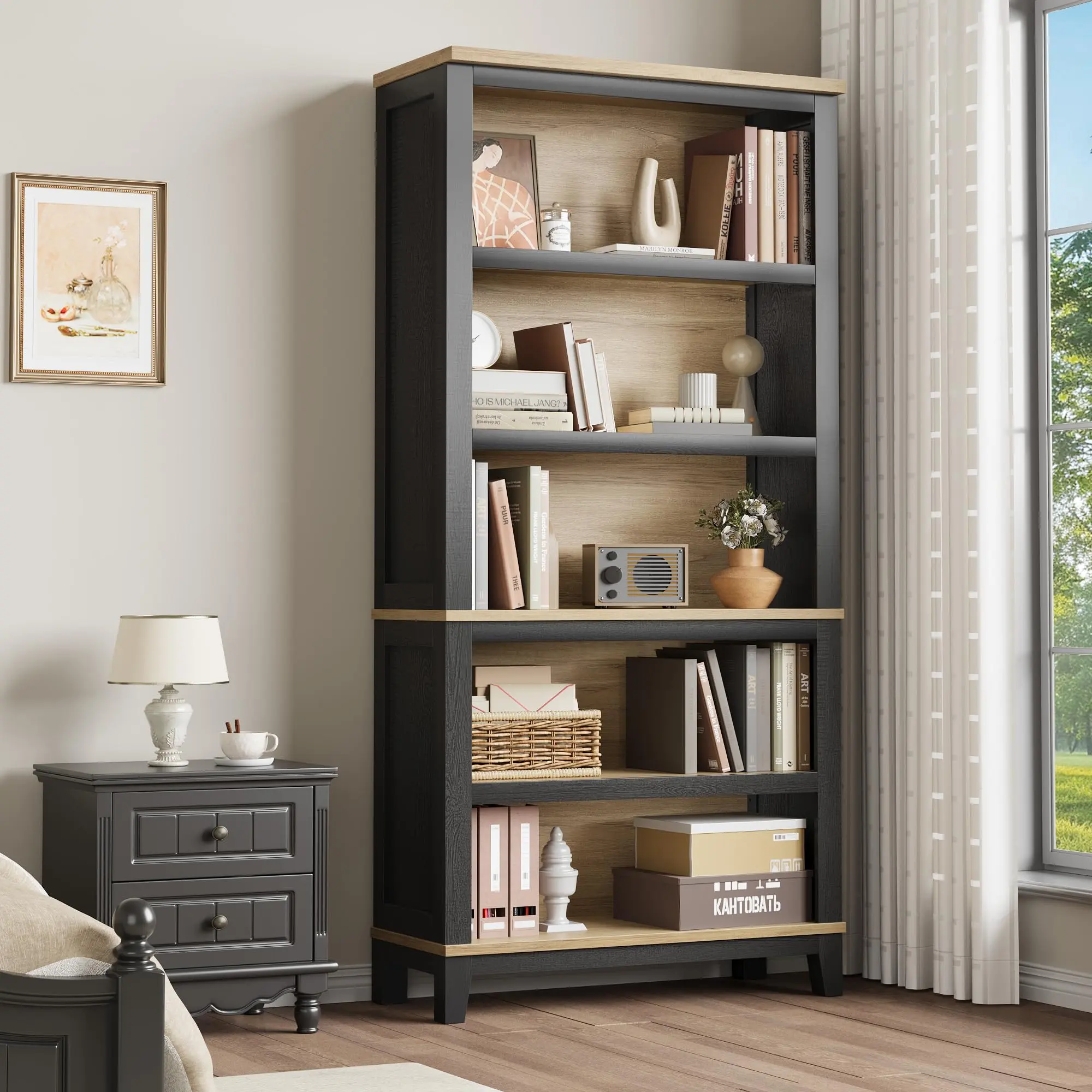 71" H x 31.5" W x 11.8" D Multifunctional Rustic Farmhouse 5-Tier Wood Bookcase, Durable Waterproof Heavy-Duty Open Storage Shelving Unit, Vintage Brown with Adjustable Feet for Living Room Books Decor, Assembly Required