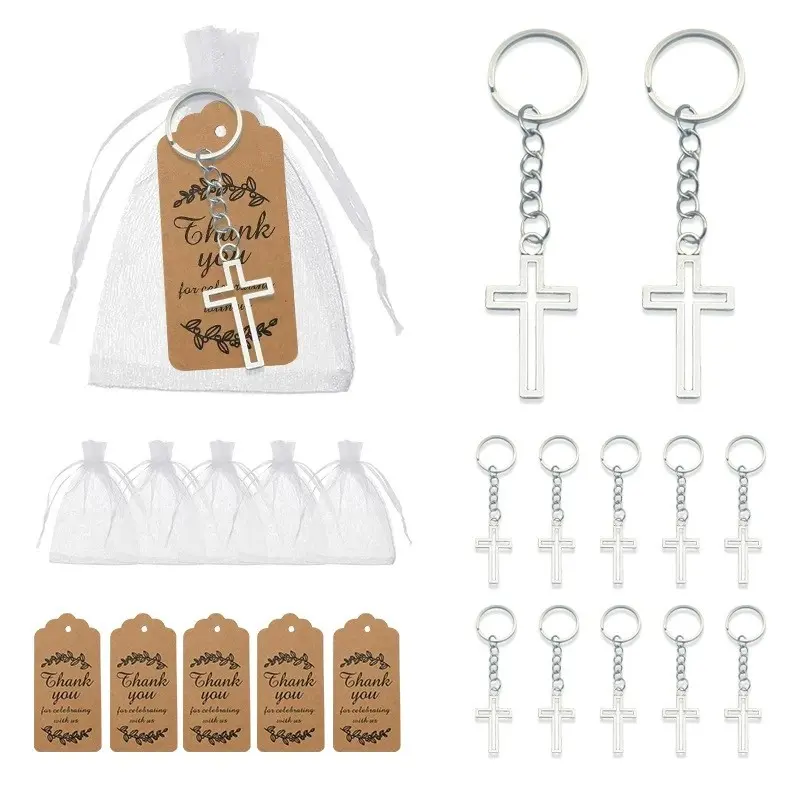 12pcs Silver Color Cross Keychain Favors, Baptism & Religious Gifts, Includes Organza Bags & Thank You Tags, Perfect for Special Occasions