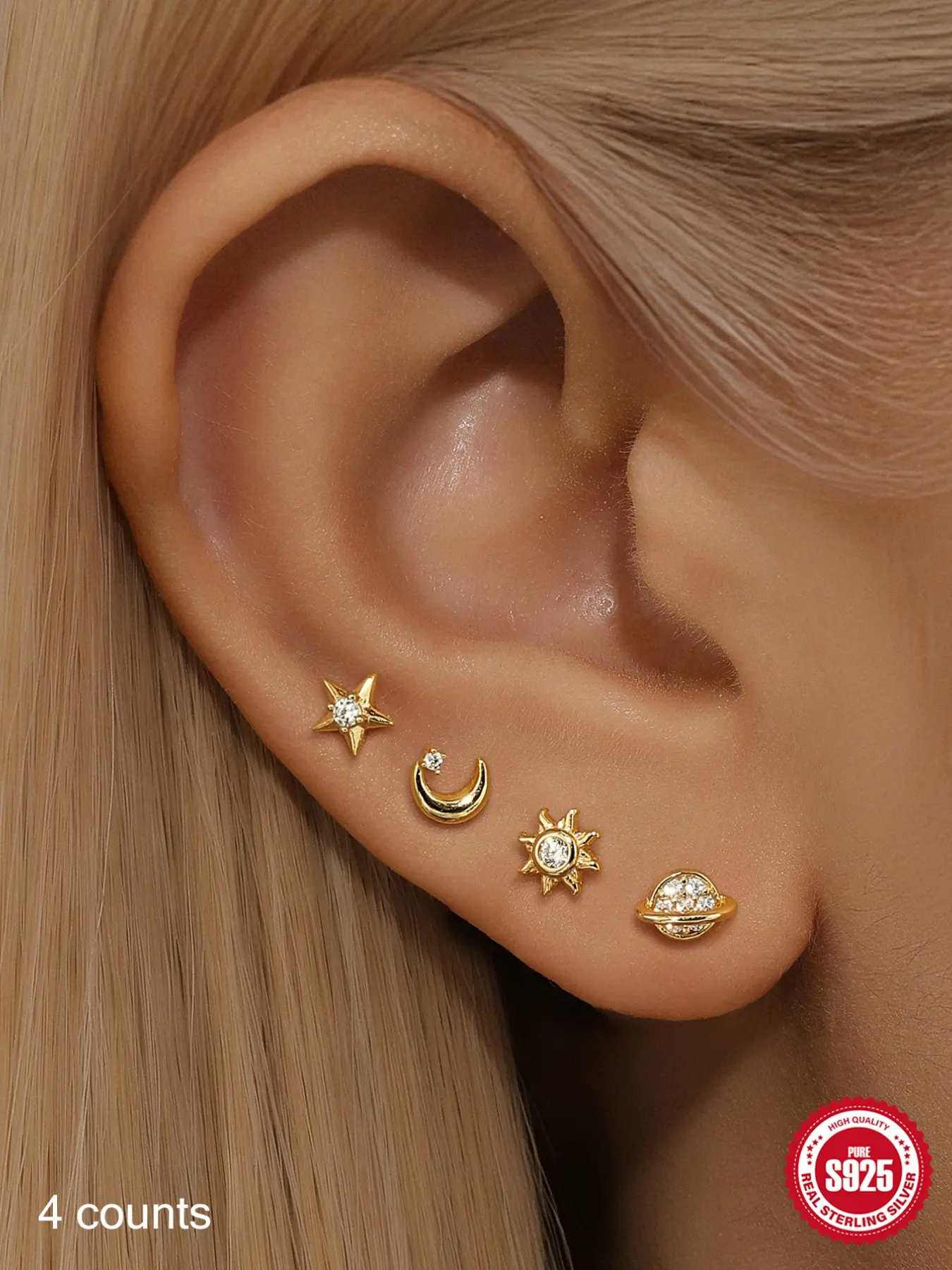 4PC 18K Gold Plated S925 Silver Earring Studs Pack, Comfortable Dainty Celestial Star Moon Curated Ear Piercing Set, Daily Wear Office Aesthetic Casual, Perfect Birthday Mother’s Day Christmas Gift for Men Women Wedding Set