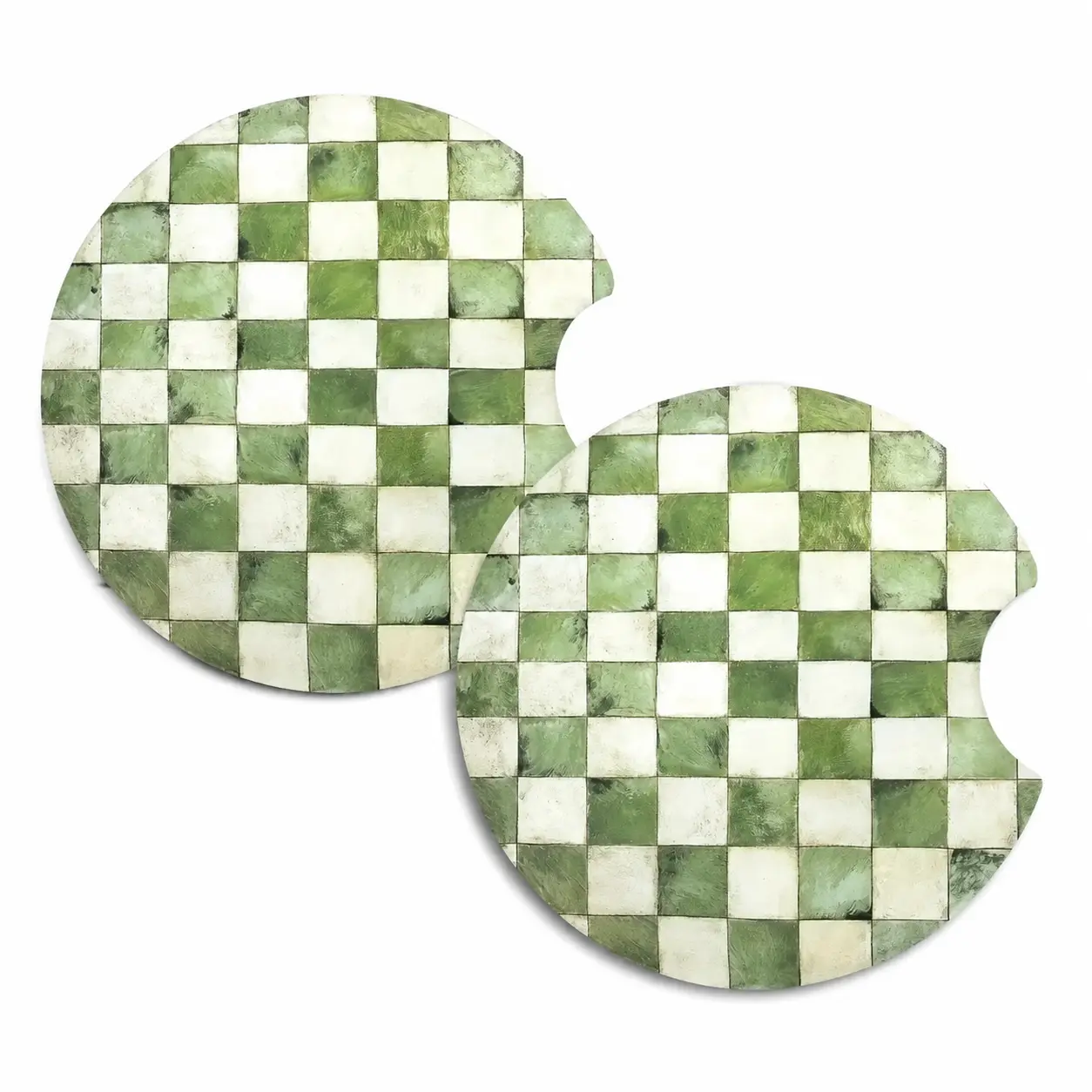 Two-Piece Absorbent Green Sage Checkered Car Coaster Set for Cup Holders – Non-Slip Retro Automotive Interior Accessory, Ideal for Compact Cars, SUVs, and Trucks, Thoughtful Gift for Drivers Who Love Classic Style and Functional Vehicle Decor