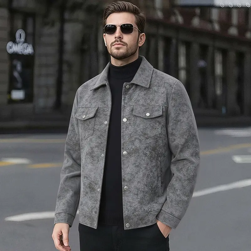 Men's Faux Suede Jacket Turn Down Collar Snap Button Trucker Coat Vintage Flap Pockets Smart Business Casual Outerwear Male Clothing Apparel cozy soft cool clean chic active sporty casual premium classic stylish durable trendy relaxed comfy urban 5-Colors