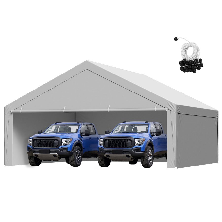 VEVOR Carport Replacement Canopy, 20x 20 ft Potable Garage Tent Top Tarp with Sidewalls, UV-Resistant Waterproof, Heavy Duty Car Shelter Tarp with Ball Buggees, Grey, Frame Not Included
