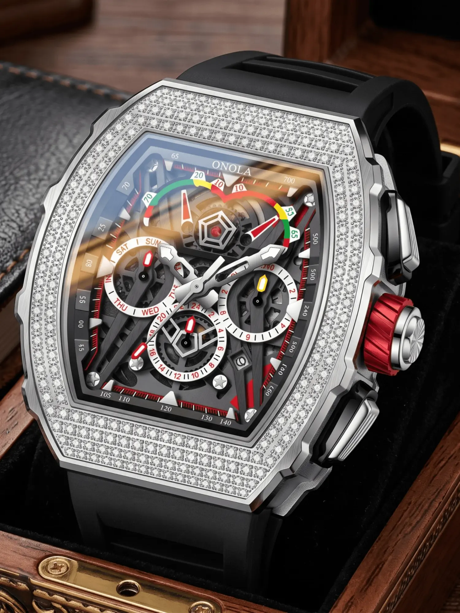 ONOLA Men's Mechanical Watch, Fashion Automatic Date Wristwatch Men Tonneau Hollow Hand Watch Diamond Bezel Week Calendar Chronograph Mechanical Watch Silicone Strap Luxury Sports Wristwatch For Male