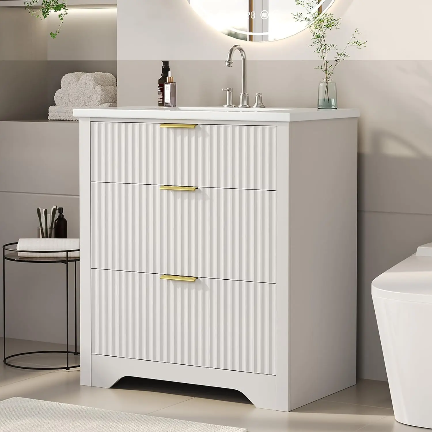30" Modern Farmhouse Fluted Wood Grain Bathroom Vanity Cabinet - Freestanding Single Unit with Ceramic Sink, Pre-Drilled Faucet & Drain Holes, 2 Drawers, 1 Flip-Down Drawer, Durable, Easy-Cleaning, Assembly Required, Fluted Panels