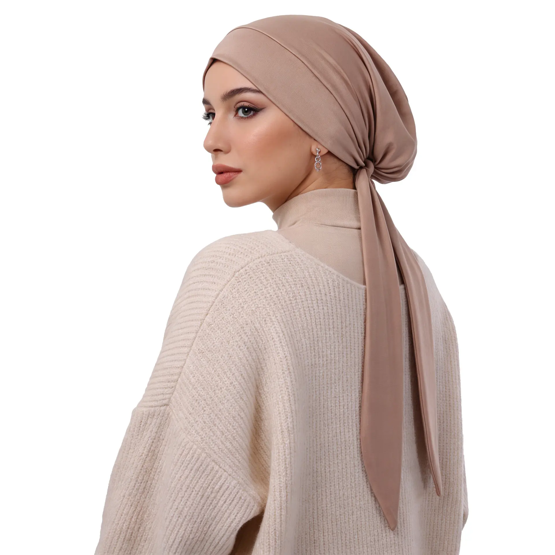 Effortless Long Tie Back Jersey Turban Bonnet Cap Slip Resistant Soft Breathable Taupe Beige Hijab Underscarf Daily Office Wear