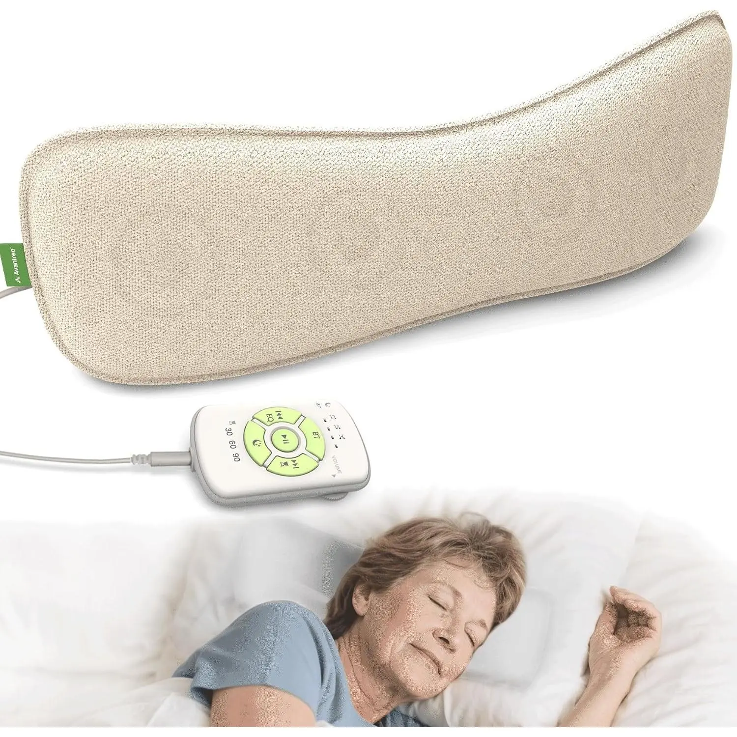 Slumber 2 –  Pillow Speaker for Sleeping with 4 Ultra-Flat Speakers, White Noise, Remote Control & Sleep Timer, Soft Sleep Headphones Design for Side Sleepers – Beige