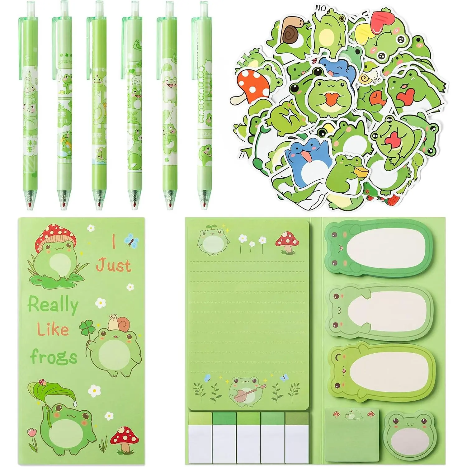 57 count Frog Sticky Notes with Pen Stickers Stationery Set 0.5mm Black Gel Ballpoint Pens Frog Self-Stick Notes Pads Cartoon Frog Vinyl Stickers  to School Office Supplies Party Favor