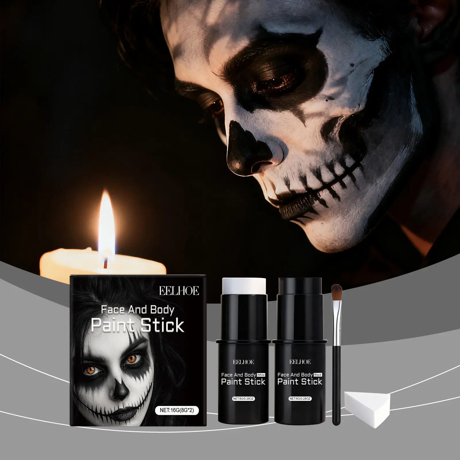 Black & White Face Body Paint Stick Set, Halloween Skeleton Cosplay Makeup Cream Face Paint with Brush, Non-Toxic Body Painting Kit for Carnival, Party, SFX Makeup