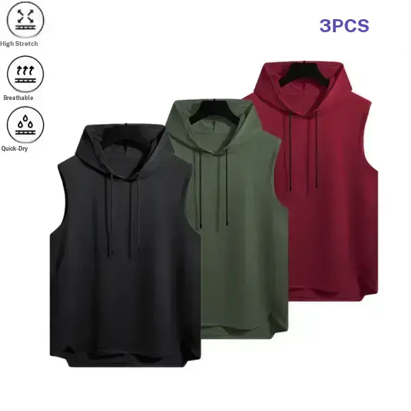 Men’s hooded sleeveless tank top set (3 pieces), minimalist athletic style, high elasticity, breathable, quick drying, hood drawstring design, curved hem; suitable for gym wear, commuting, and home wear.