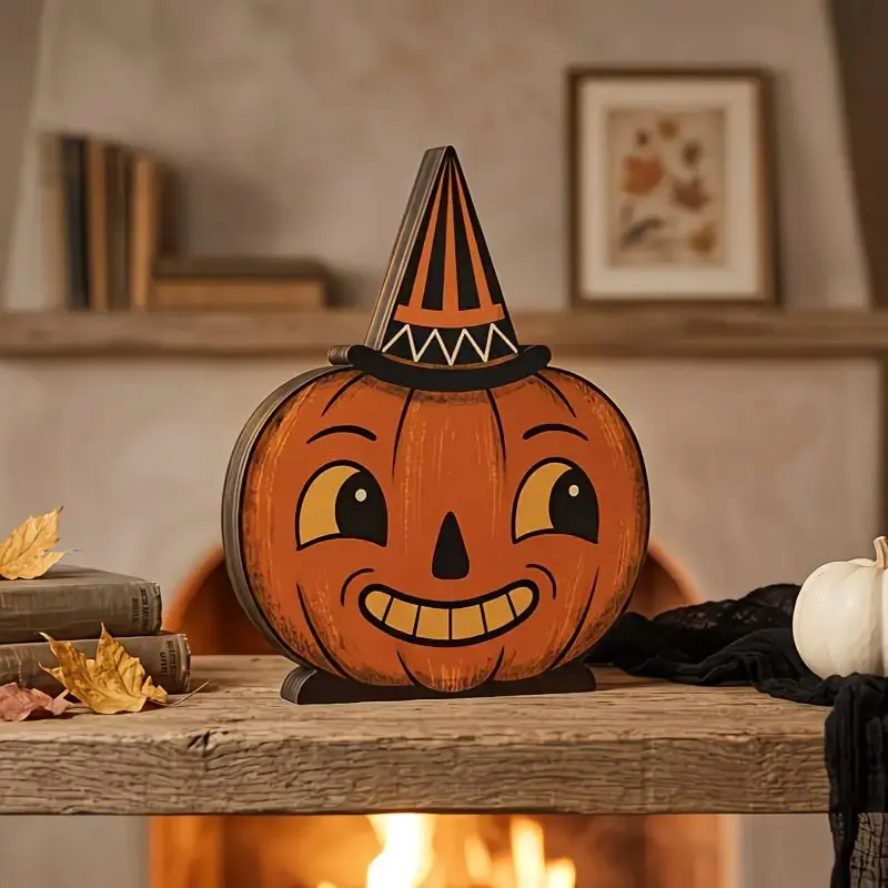 Vintage Halloween Wooden Handcrafted Decorative Ornament, Ghost, Pumpkin, Cat, Skull, Bat, Owl Shapes, Perfect Gift for Home, Party, Farmhouse Decoration, Festive Home Decoration