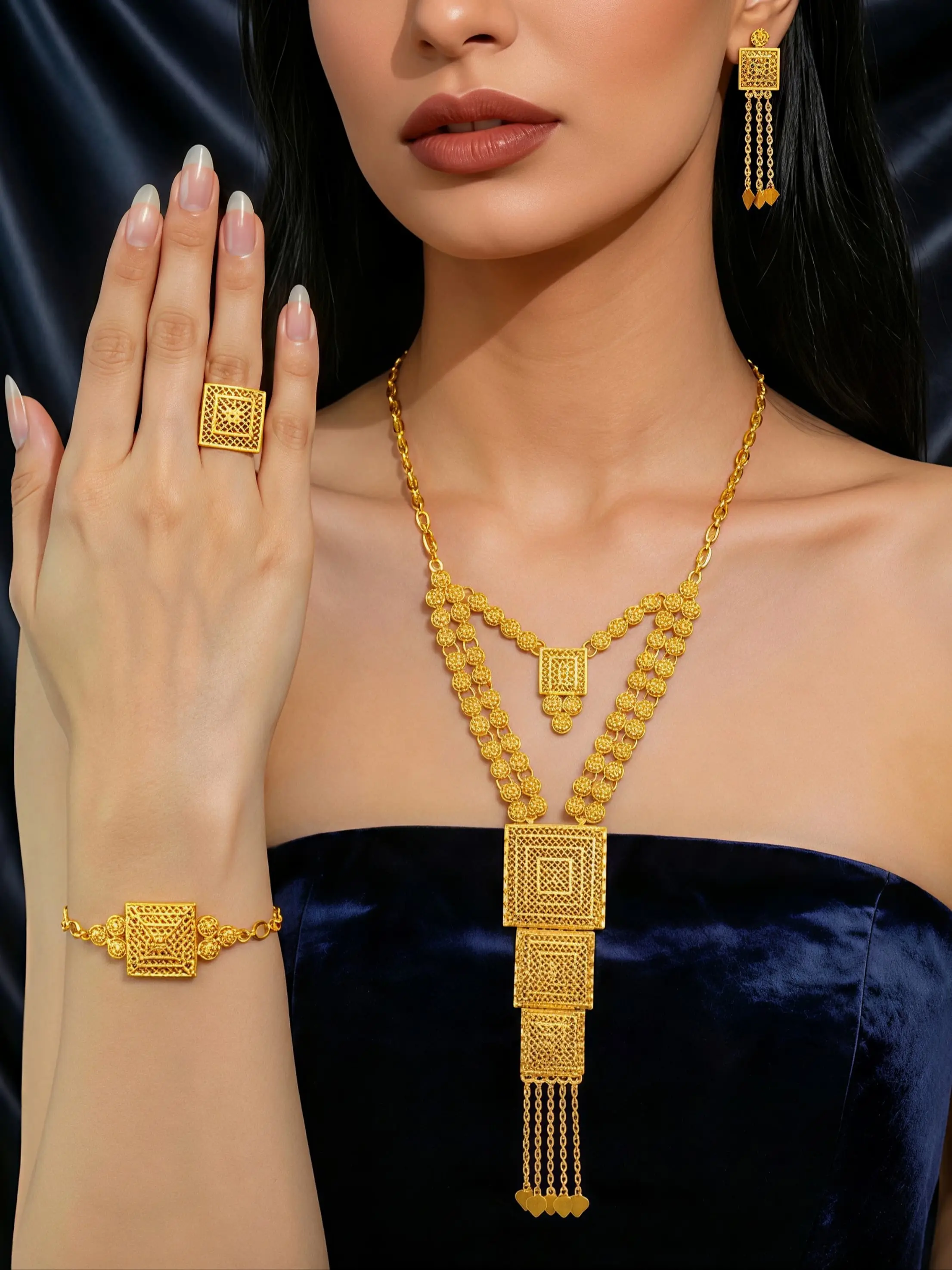 4-piece set of Middle Eastern, Indian, and African style gold-plated jewelry, geometric tassel necklace, ring, bracelet, earring, adjustable jewelry set, Wedding jewelry sets for brides, suitable for bridal banquets, weddings, and parties