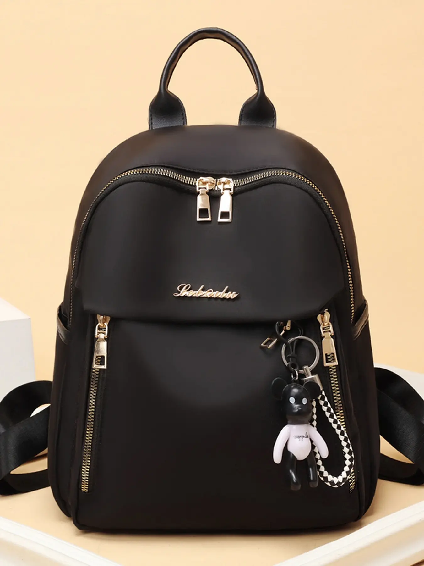 New Fashion Women Exquisite Compact Oxford Cloth Backpack with Pearl Chain and Doll Pendant Daily Casual Small Bag For Dating Shopping Shoulder Backpack Backpacks Women Create Youthful Atmosphere