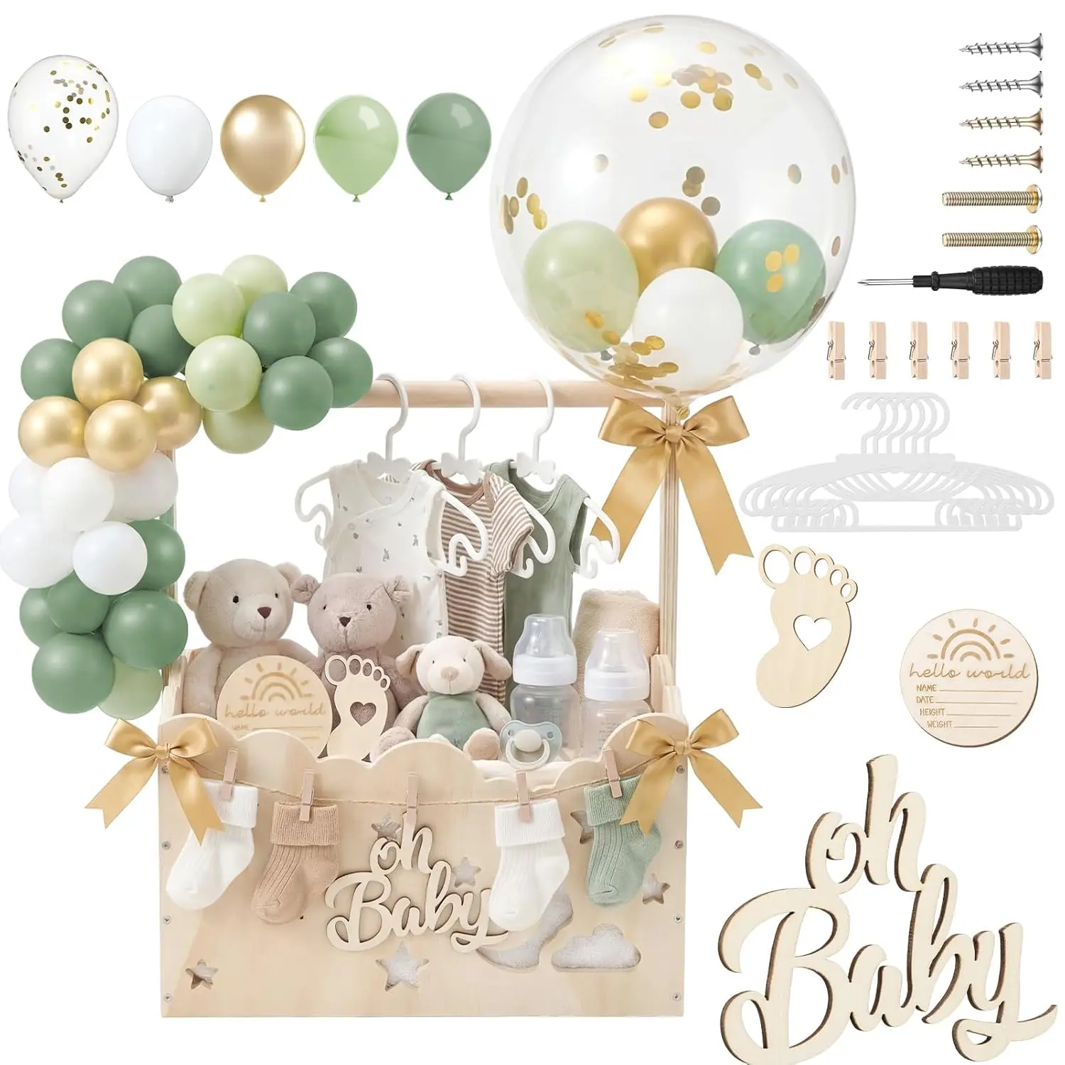 Green, Wooden Baby Shower Crate Closet,Hollow| Wood Baby Shower Basket with Hanger Rack, Large Gifts Baskets for Baby Shower, Boy Girl Welcome Gifts Box