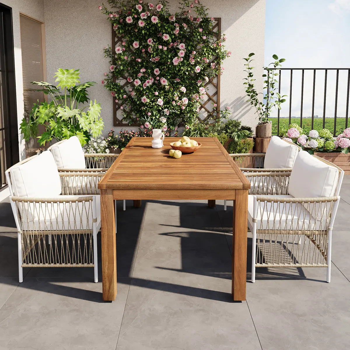 [Bellemave] Patio Wooden Dining Table Set, Outdoor 67''L Rectangular Table with Rattan Arm Chairs for Poolside, Backyard, Garden, Natural