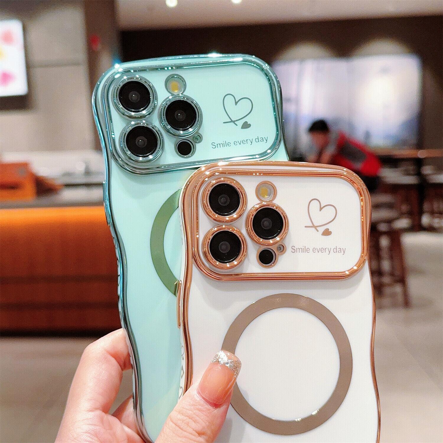 Luxury Plating Cute Heart Pattern Case for iPhone 17 Pro Max/17 Air 16/15/14/13 Cover Curly Wave Frame Fashionable for Women Girls Camera Protection Slim Shockproof Phone Case
