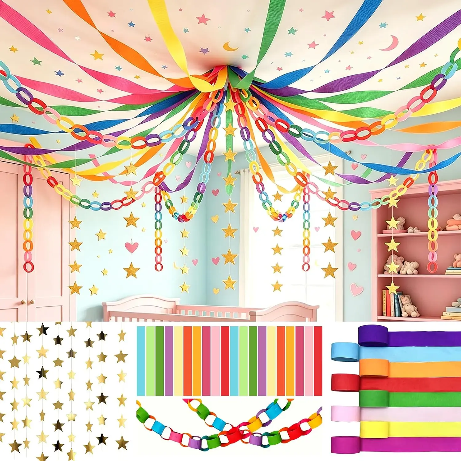 1000 Sheets Rainbow Paper Chain Garland with 656 ft Crepe Paper Streamers 65 ft   Garlands for Birthday Party Wedding Decorations DIY Crafts