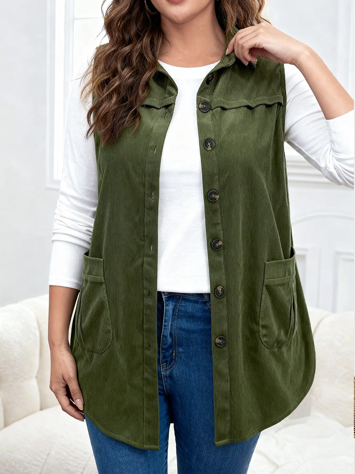 Plus Size Women's Military Velvet Long Vest, Lapel Button Front, Side Pockets, Loose Sleeveless Casual Layering Top, Spring & Fall