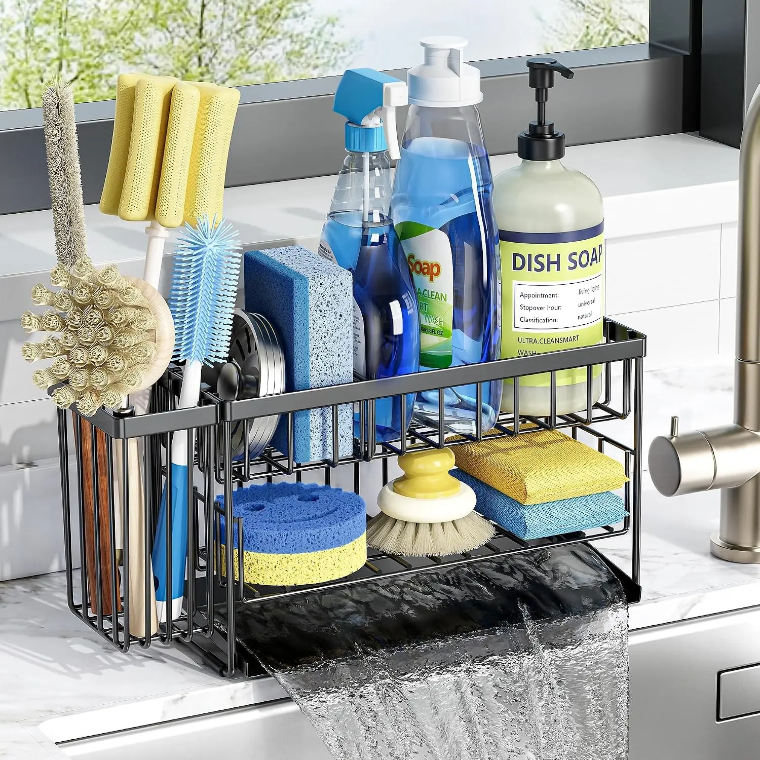 Stainless Steel 2-Tier Kitchen Sink Organiser Rack with Flexible Dish Brush Holder, Sponge Holder for Sink Countertop Organization, Home Decor Essentials