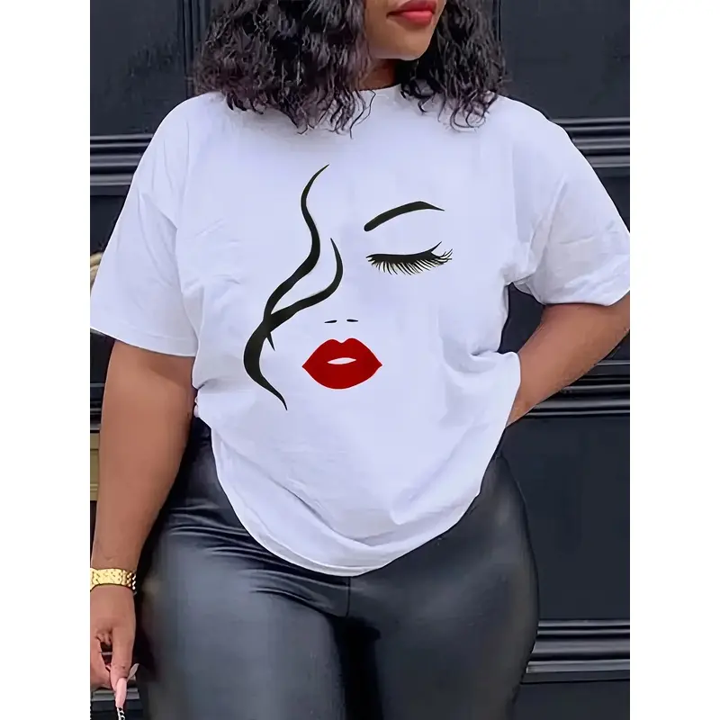 Women's Short-Sleeve Round Neck Essential T-Shirt - 100% Polyester 180g/m² Knit Breathable Fabric, Graphic Face Print, Fits Spring & Summer Sports & Outdoor Clothes, All Body Shapes, Custom-Made, Machine Wash Ok, Do Not Bleach, High-Temperature Resistant,