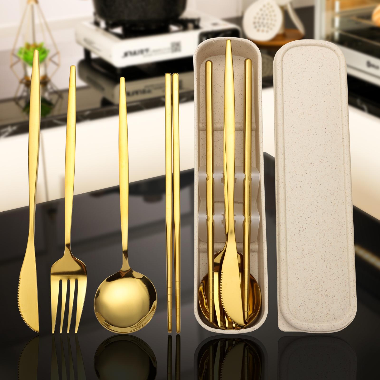 Elegant 4-Piece Gold Stainless Steel Cutlery Set with Storage Box| Reusable Portable Utensils for Travel Camping Office Home| Luxury Household Tableware Gift Set -RR