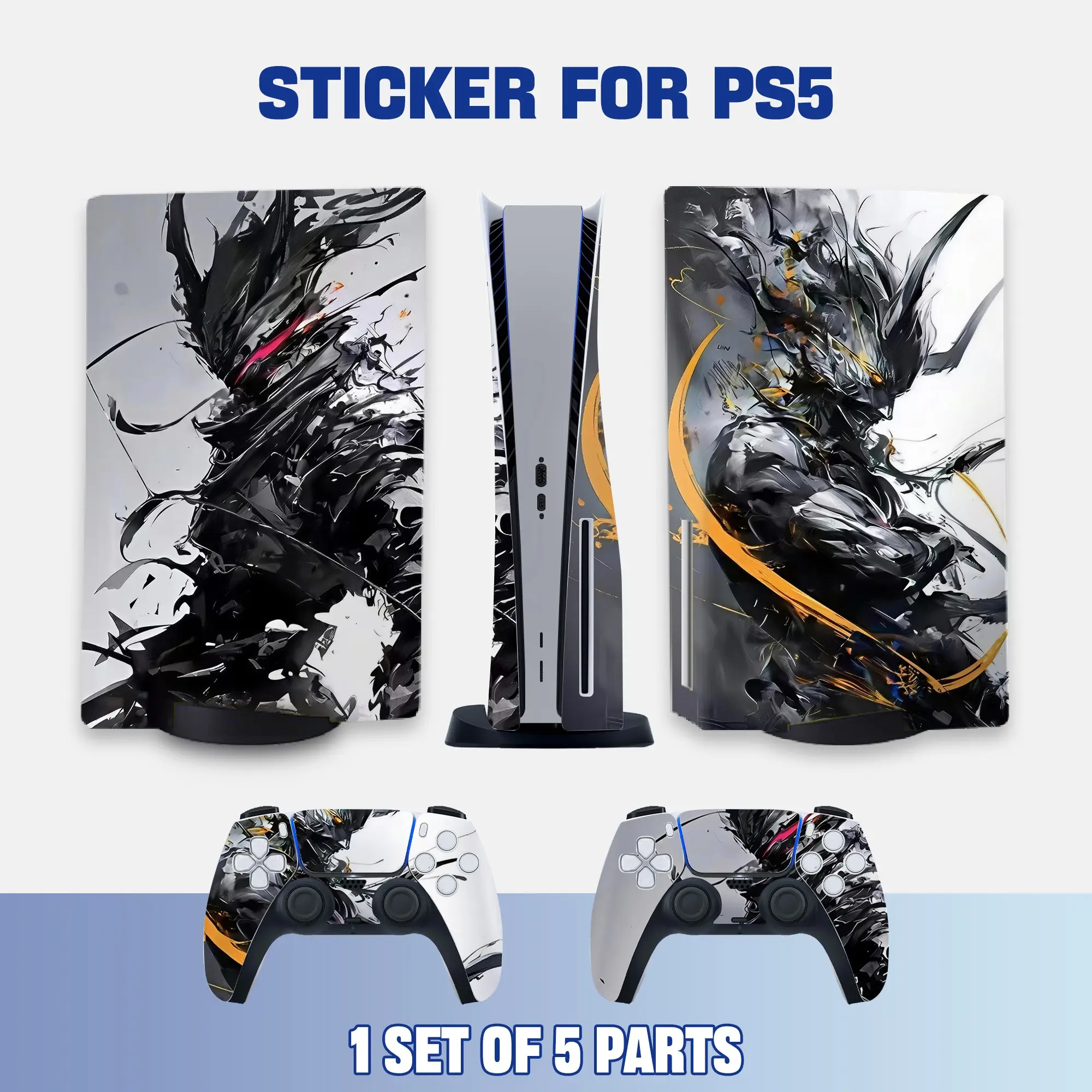 Black & White Ink Warrior Style Art PS5 Disc Edition Vinyl Skin Sticker for Console & Controllers, Waterproof, Scratch-Resistant, Dustproof, Removable & No Residue