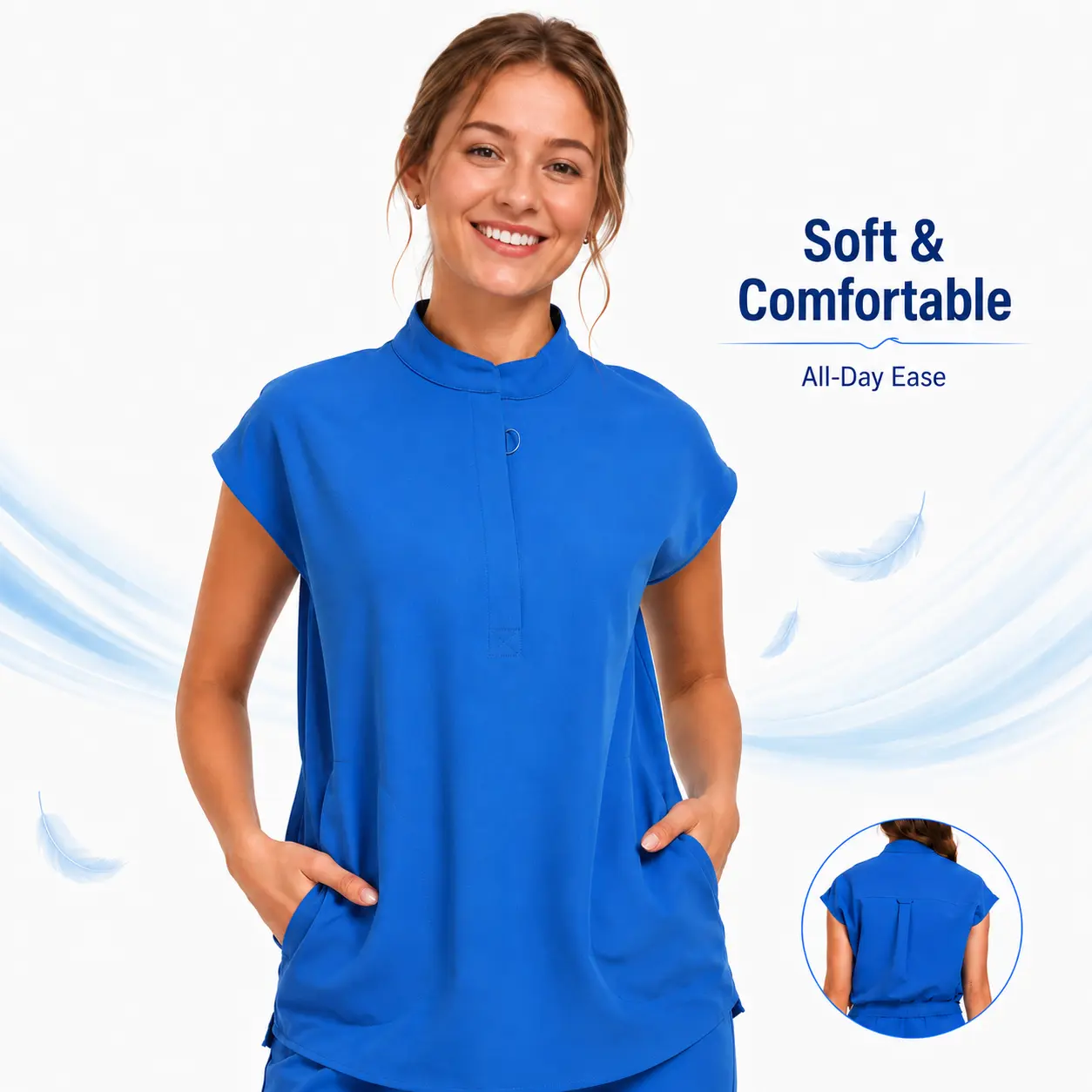 Women's 4-Way Stretch Poly-Elastane Scrub Top - Athletic Half-Zip, Classic Mandarin Collar, Breathable Cap Sleeves, Chic Solid Casual Loose Workwear for Clinical Use with 2 Deep Secure Hidden Side Pockets