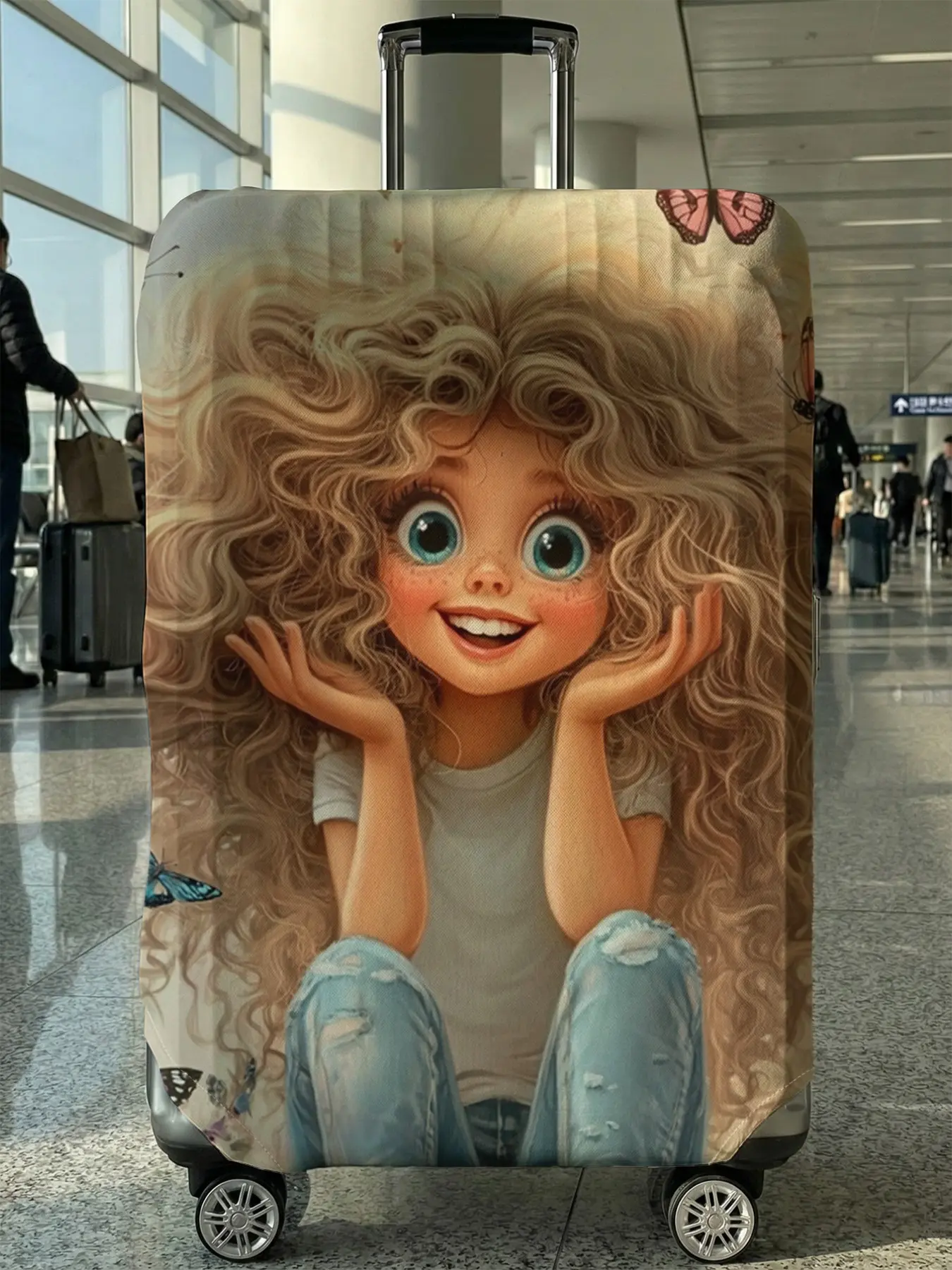 Girls' Printed Elastic Suitcase Protector, Casual Dust-Proof Travel Accessory, Traveling Essentials, Polyester Material, All Seasons, Random Print Design, Luggage Cover Protector