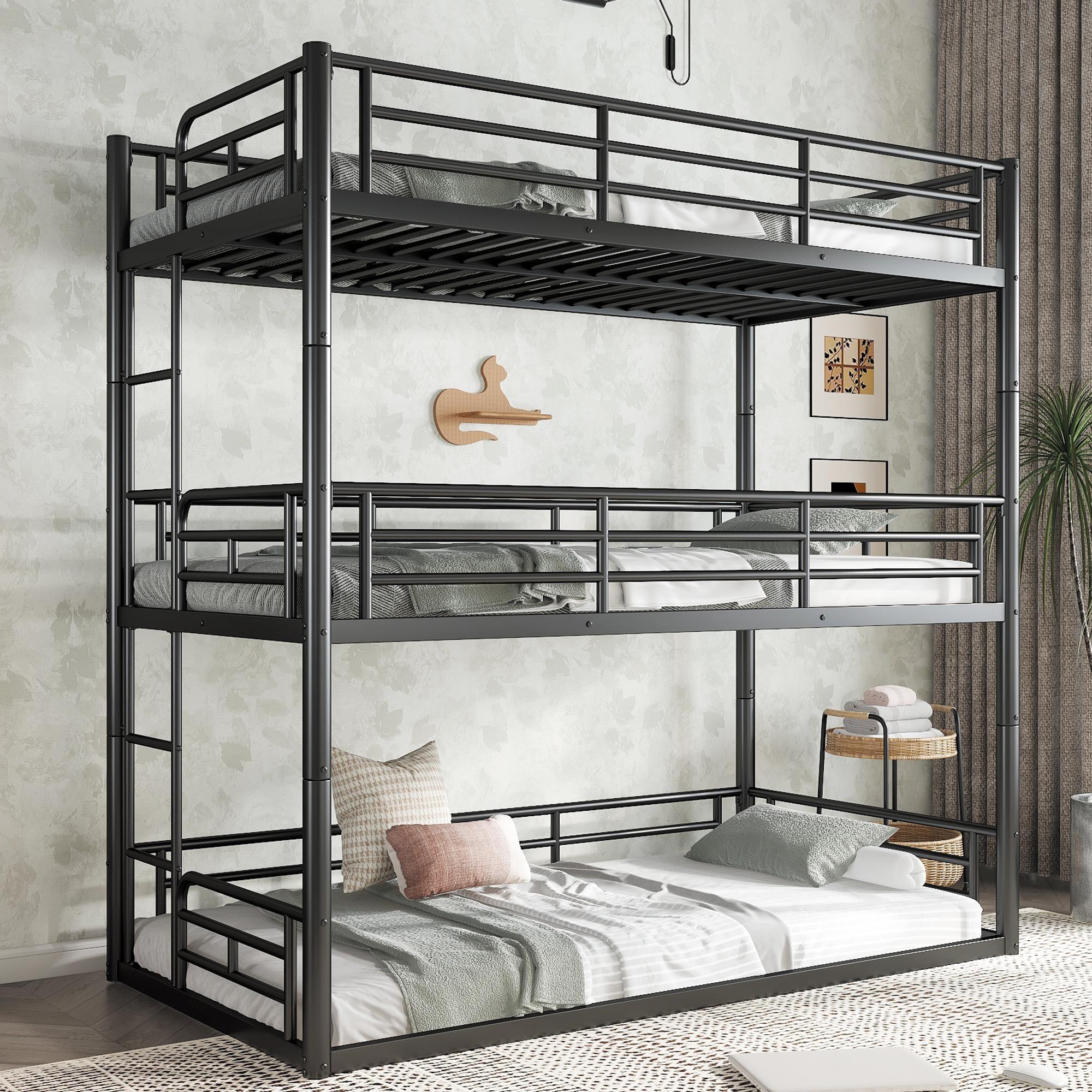 Twin over Twin over Twin Bunk Bed, Metal Triple Bunk Bed with Safety Guardrails, Heavy-duty Bunk Bed with Noise-reduced Design, Black