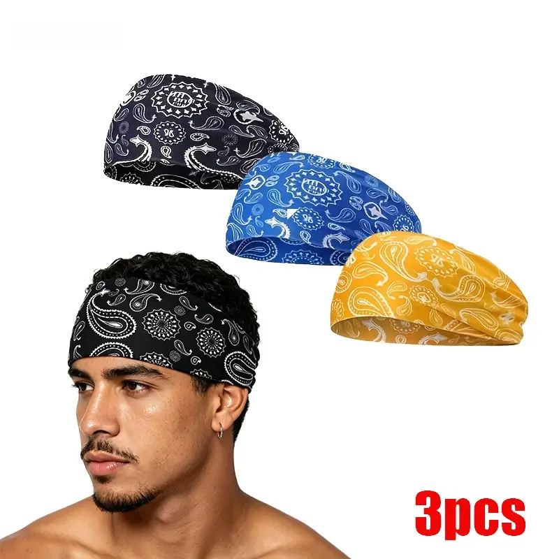 3Pcs Unisex Wide Fit Paisley Print Moisture Wicking Sports Headbands - Universal, Non-Slip, Sweat Absorbent, Multi-Sport Use for Men/Women Workout, Running, Daily Wear, Wide Headbands, Universal Sport