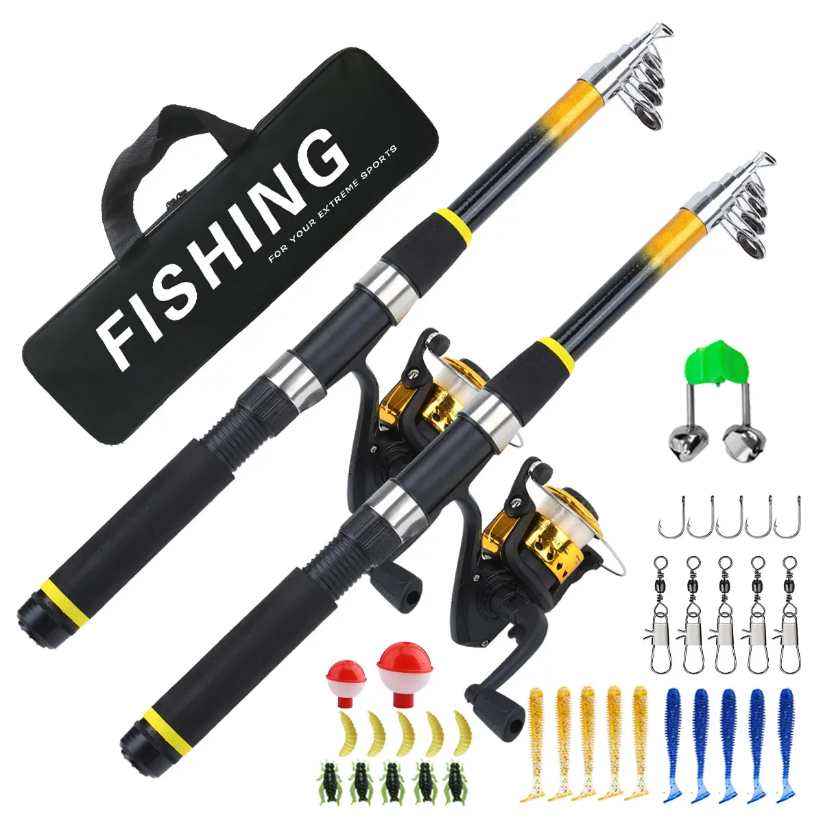 Bright Yellow 2 Rod 2 Reel Fishing Combo – Double Fishing Kit with Pre-Spooled Reels, Lures, Hooks & Carry Bag, Perfect for Couples & Family Outdoor Fishing, Fishing Gear Set