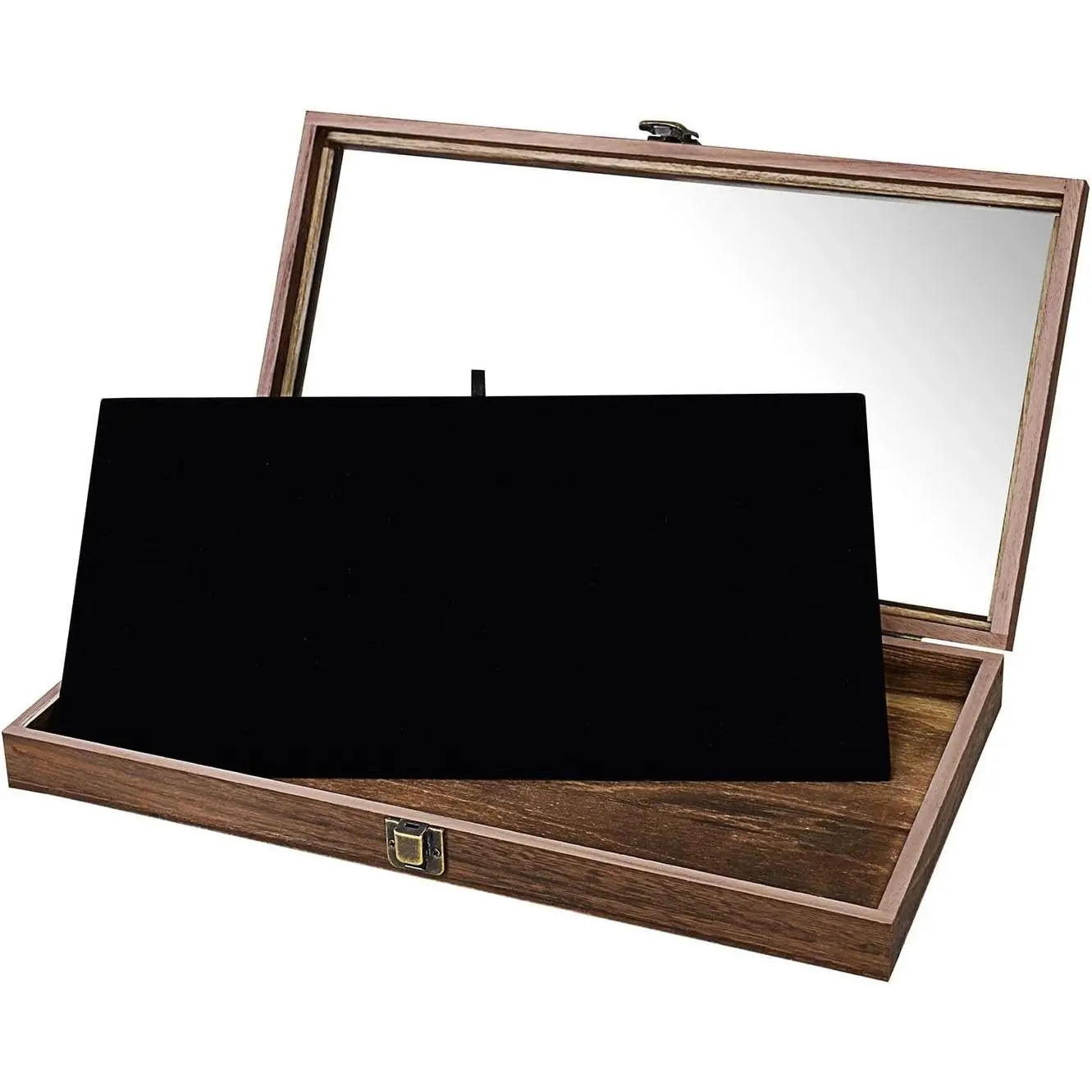 Wooden Jewelry Display Case with Tempered Glass Top and Removable Black Velvet Pad for Taller Jewelry and CollectiblesGift