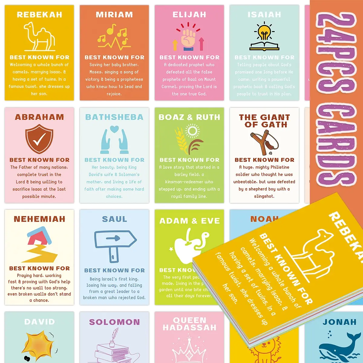 24 Bible Story Flashcards, Christian Education Cards with Cute Illustrations, Interactive Memory Matching Cards, Sunday School Supplies