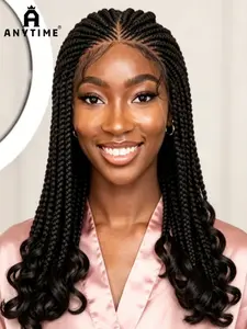 18in Cornrow Braided Wig with Wavy Ends, Synthetic Full Lace Braided Lace Wig, Baby Hair Knotless Braids Wigs for Women, Synthetic Curly Wig