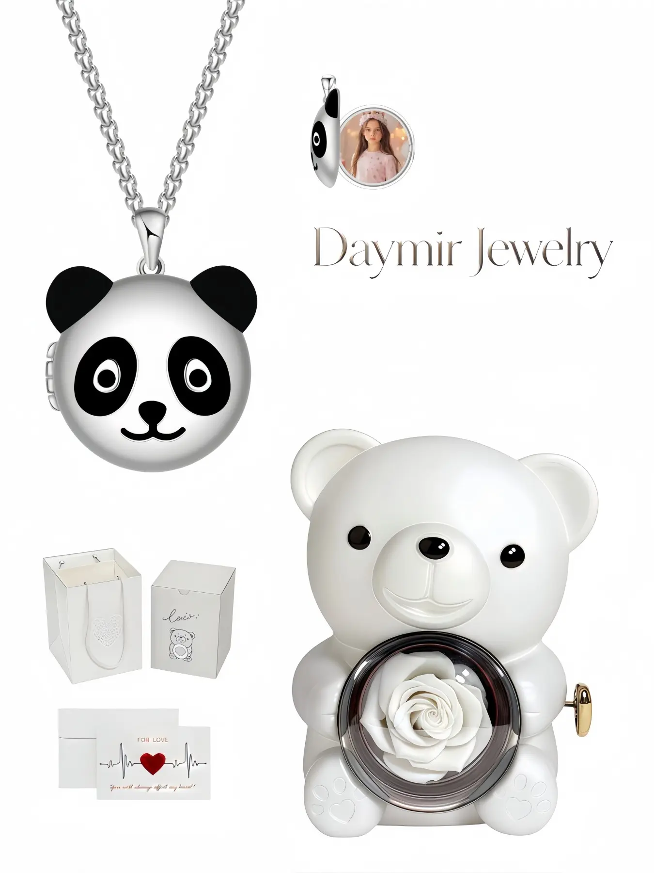 Cute handmade panda photo locket clavicle chain for family‑keepsake. Packaged in rotating rose‑bear jewelry box as a mysterious gift for your girl’s birthday, back‑to‑school, anniversary and Christmas.
