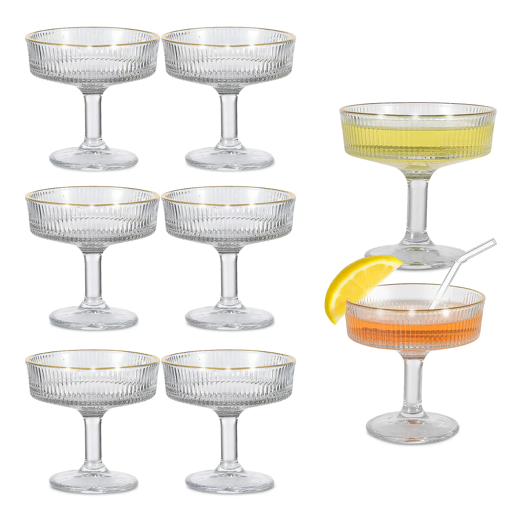 Set of 6 Vintage Ribbed Coupe Glasses, Gold Rim Crystal Cocktail Glasses for Martini Champagne Whiskey, Shatter Resistant Elegant Bar Glassware, Ideal for Home Bar Wedding Party & Holiday Gift