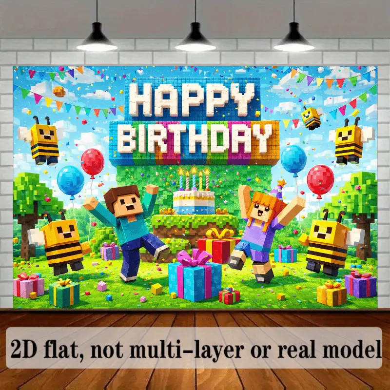 2D Flat Theme Birthday Backdrop, Central Image Features Pixelated "HAPPY BIRTHDAY" Text, Surrounded by Pixelated Characters, Bees, Balloons, Banners, Gift Boxes, And Campfire, Creating a Joyful Birthday Atmosphere, Material, Durable And Lightweight Border