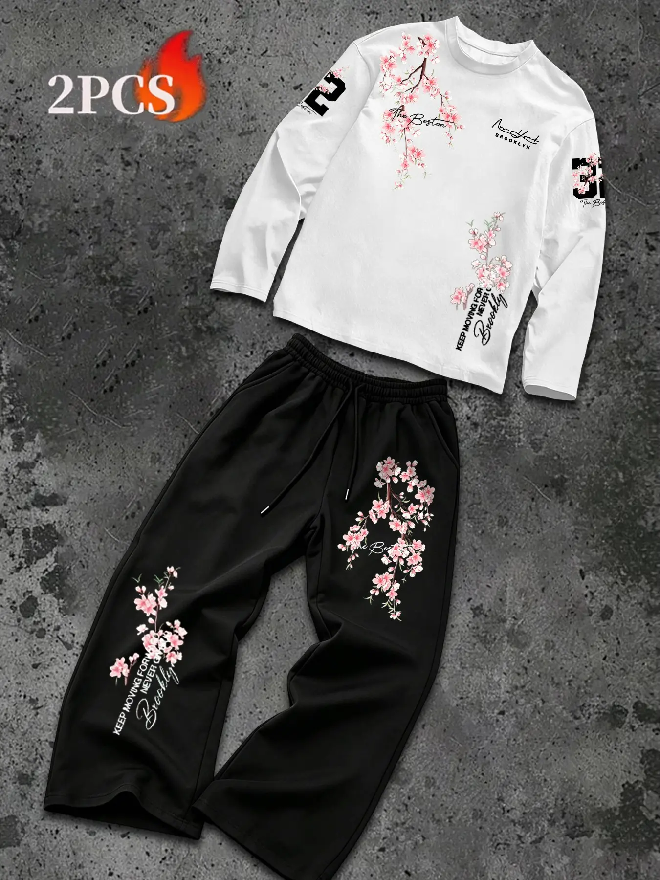 Men's Two-Piece Set, Cherry Blossom Brooklyn Print, Long Sleeve, Wide Leg Sweatpants, Sporty Cleanfit Style
