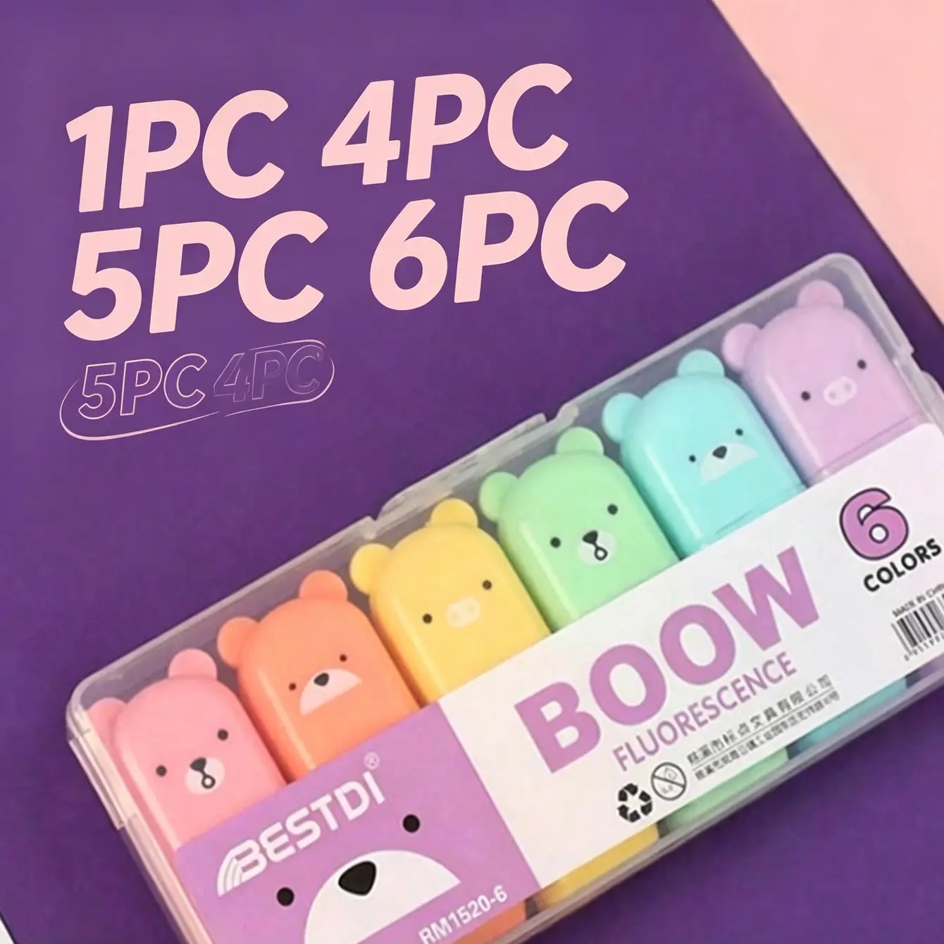 1pc\4pc\5pc\6pc Cute Mini Bear Fluorescent Marker Pens, Macaron Color Slanted Tip Markers, School Office Supplies, DIY Drawing Pens, Back-To-School Essentials, Aesthetic Pens